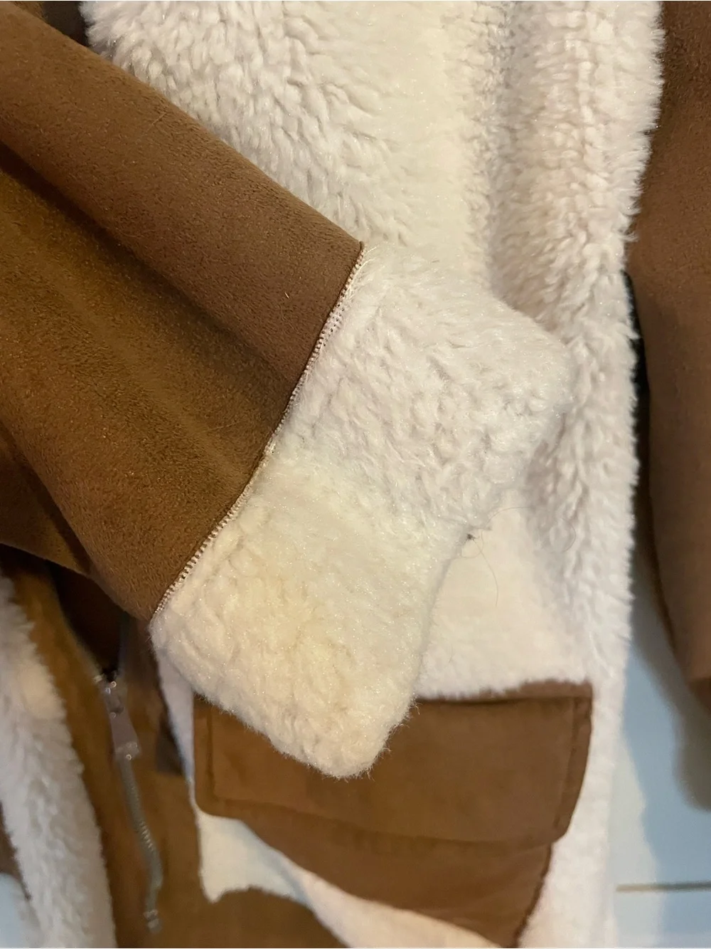Kensie Girl Two-Tone Sherpa Hooded Jacket in Cream and Brown